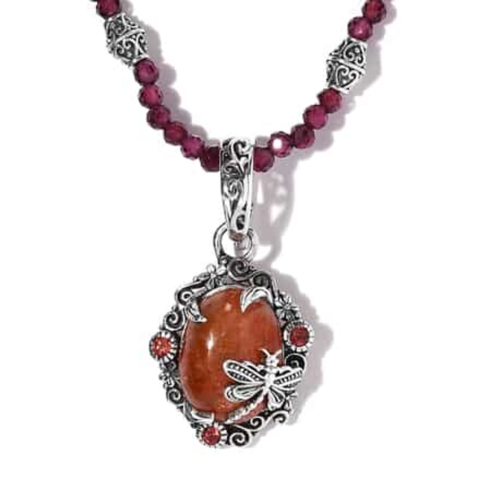 NWT SRI LANKAN SUNSTONE & MOZAMBIQUE GARNET DRAGONFLY STERLING SILVER NECKLACE
